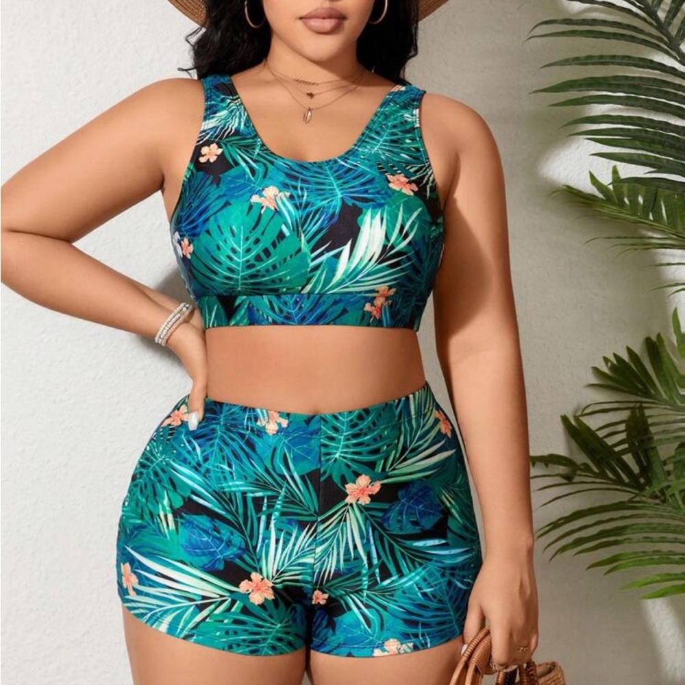 Plus sz 2X modest 2 Pc bathing suit tropical swimsuit NEW SHEIN